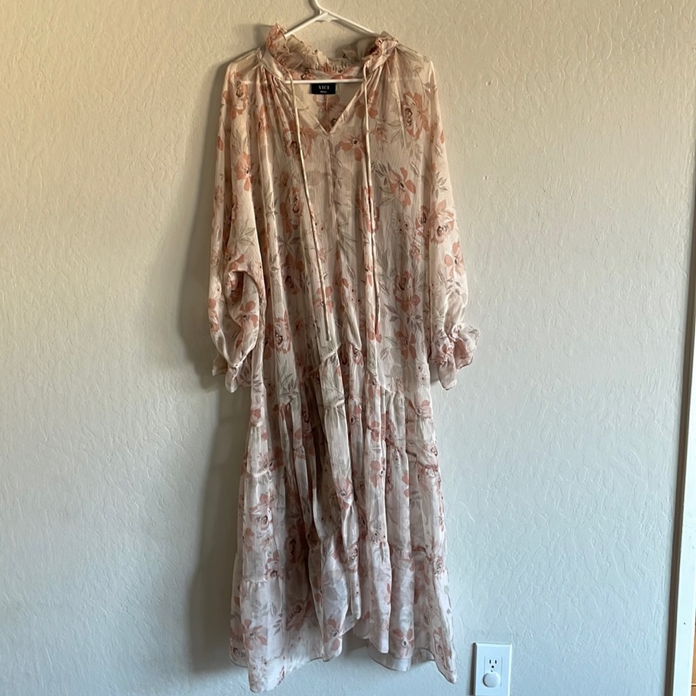 Vici Cream Floral Midi Dress with Blush Pink Accents